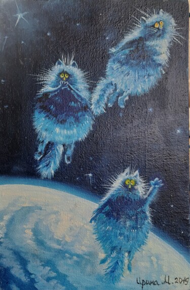 Painting titled "Hilarious blue cats…" by Iryna Mikheieva, Original Artwork, Oil Mounted on Wood Stretcher frame