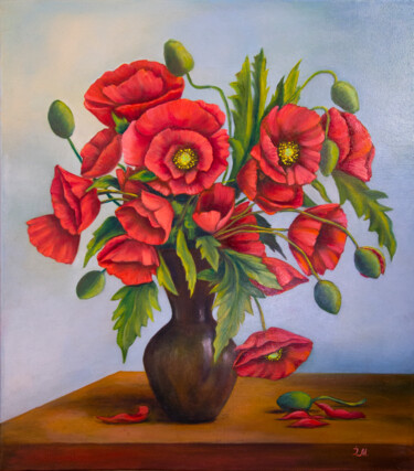 Painting titled "Poppy bouquet" by Iryna Mykhailenko, Original Artwork, Oil