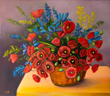 Painting titled "Poppies in a basket" by Iryna Mykhailenko, Original Artwork, Oil