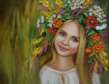 Schilderij getiteld "She wears flowers i…" door Iryna Mykhailenko, Origineel Kunstwerk, Olie