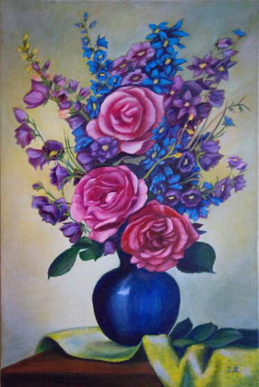 Painting titled "Bouquet in a blue v…" by Iryna Mykhailenko, Original Artwork, Oil