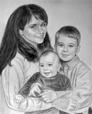 Drawing titled "Custom family portr…" by Iryna Mykhailenko, Original Artwork, Charcoal