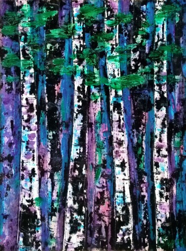 Malerei mit dem Titel "Birch forest wall a…" von Iryna Sapsai, Original-Kunstwerk, Acryl