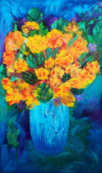 Painting titled "Orange flowers wall…" by Iryna Sapsai, Original Artwork, Oil