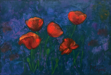Painting titled "Red poppies paintin…" by Iryna Sapsai, Original Artwork, Oil