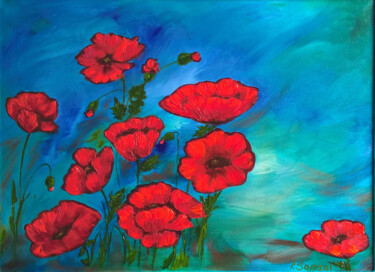 Painting titled "Red poppies canvas…" by Iryna Sapsai, Original Artwork, Oil