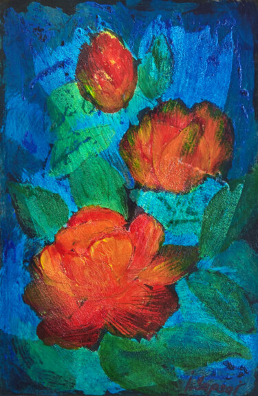 绘画 标题为“Red rose flower pai…” 由Iryna Sapsai, 原创艺术品, 丙烯