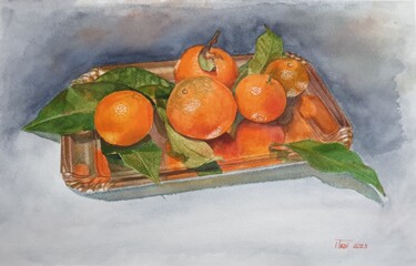 Painting titled "Tangerines on a tray" by Iryna Tsai, Original Artwork, Watercolor