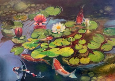 Malerei mit dem Titel "Koï dans un étang d…" von Iryna Tsai, Original-Kunstwerk, Öl Auf Keilrahmen aus Holz montiert