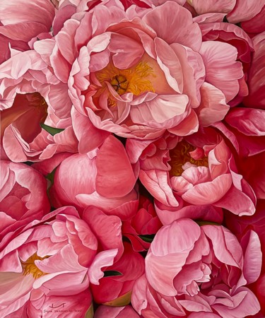 Painting titled "Peony dawn" by Iryna Yakovenko, Original Artwork, Oil