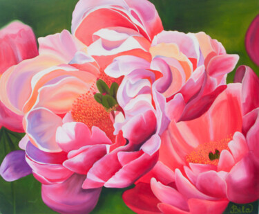 Painting titled "Peonies in the gard…" by Iryna Bila, Original Artwork, Oil Mounted on Wood Stretcher frame