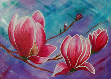 Painting titled "Magnolia" by Iryna Bila, Original Artwork, Acrylic Mounted on Cardboard