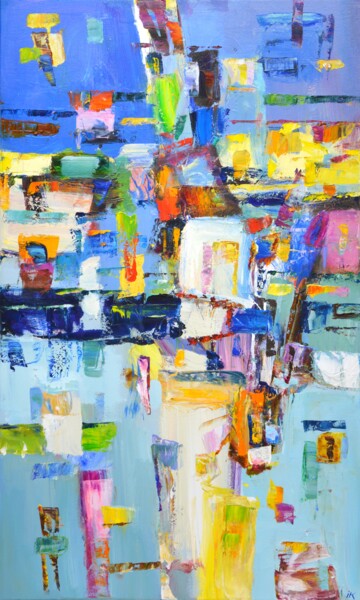Painting titled "Evening in the city." by Iryna Kastsova, Original Artwork, Oil Mounted on Wood Stretcher frame