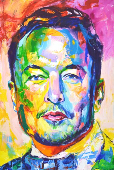 Schilderij getiteld "Elon Musk" door Iryna Kastsova, Origineel Kunstwerk, Acryl Gemonteerd op Frame voor houten brancard