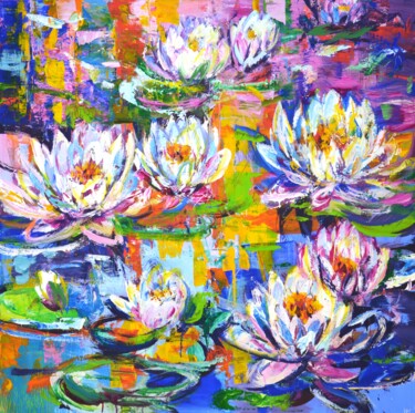 Painting titled "Water lilies" by Iryna Kastsova, Original Artwork, Acrylic Mounted on Wood Stretcher frame
