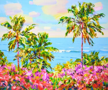Painting titled "Palms. Ocean. Flowe…" by Iryna Kastsova, Original Artwork, Acrylic Mounted on Wood Stretcher frame