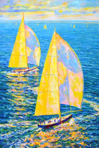 Painting titled "Solar yachts." by Iryna Kastsova, Original Artwork, Oil Mounted on Wood Stretcher frame