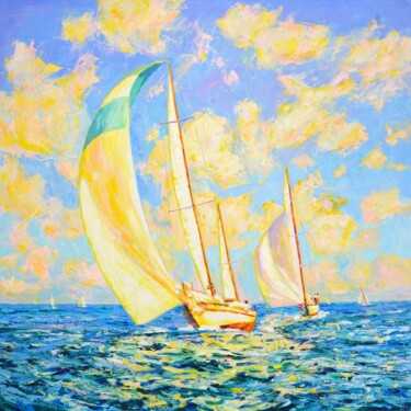 Painting titled "Ocean. Sailboats." by Iryna Kastsova, Original Artwork, Oil Mounted on Wood Stretcher frame