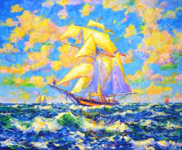 Painting titled "Dream ship." by Iryna Kastsova, Original Artwork, Oil Mounted on Wood Stretcher frame