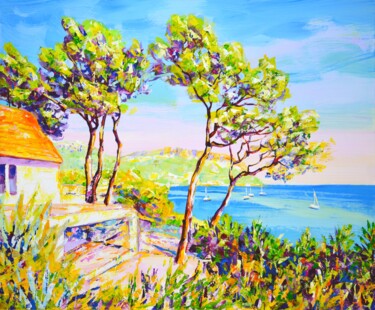 Schilderij getiteld "Azure coast" door Iryna Kastsova, Origineel Kunstwerk, Acryl Gemonteerd op Frame voor houten brancard