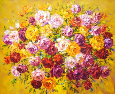 Painting titled "Large bouquet of ro…" by Iryna Kastsova, Original Artwork, Oil Mounted on Wood Stretcher frame