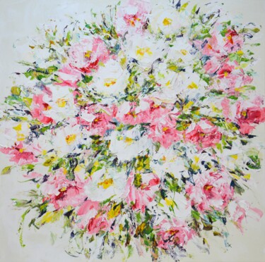 Painting titled "Flowers. Pink and w…" by Iryna Kastsova, Original Artwork, Acrylic Mounted on Wood Stretcher frame