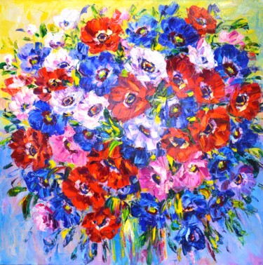 Painting titled "Anemones." by Iryna Kastsova, Original Artwork, Oil Mounted on Wood Stretcher frame