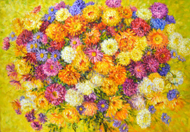 Painting titled "Asters and Chrysant…" by Iryna Kastsova, Original Artwork, Oil Mounted on Wood Stretcher frame