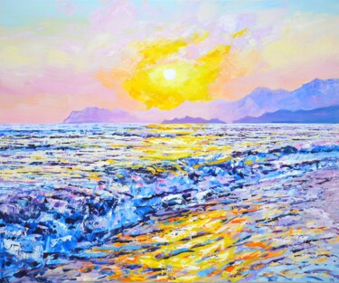 Malarstwo zatytułowany „Ocean. Sunset 2.” autorstwa Iryna Kastsova, Oryginalna praca, Akryl Zamontowany na Drewniana rama no…