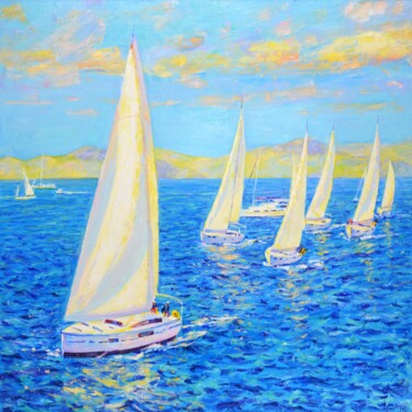 Schilderij getiteld "Sailing regatta." door Iryna Kastsova, Origineel Kunstwerk, Olie Gemonteerd op Frame voor houten branca…