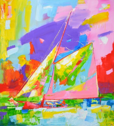 Painting titled "Yacht with a sail." by Iryna Kastsova, Original Artwork, Acrylic Mounted on Wood Stretcher frame