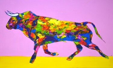 Painting titled "Bull" by Iryna Kastsova, Original Artwork, Acrylic Mounted on Wood Stretcher frame