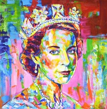 Painting titled "Queen Elizabeth II(…" by Iryna Kastsova, Original Artwork, Acrylic Mounted on Wood Stretcher frame