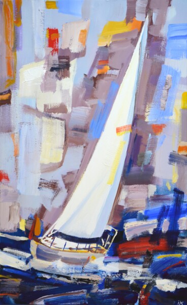 Painting titled "Sailboat 8." by Iryna Kastsova, Original Artwork, Acrylic Mounted on Wood Stretcher frame