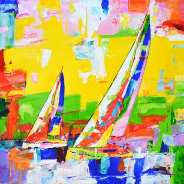 Painting titled "Sailboats 12." by Iryna Kastsova, Original Artwork, Acrylic Mounted on Wood Stretcher frame