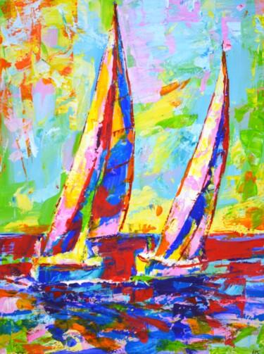 Malarstwo zatytułowany „Sailboats 2.” autorstwa Iryna Kastsova, Oryginalna praca, Akryl Zamontowany na Drewniana rama noszy