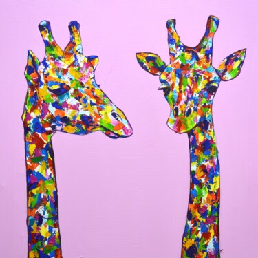 Pintura intitulada "Two giraffes." por Iryna Kastsova, Obras de arte originais, Acrílico Montado em Armação em madeira