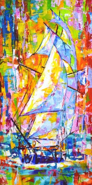 Painting titled "Sailboat 15." by Iryna Kastsova, Original Artwork, Acrylic Mounted on Wood Stretcher frame