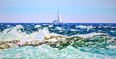 Painting titled "Ocean. Waves. Yacht." by Iryna Kastsova, Original Artwork, Acrylic Mounted on Wood Stretcher frame