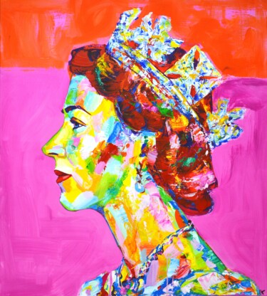 Painting titled "Queen Elizabeth II." by Iryna Kastsova, Original Artwork, Acrylic Mounted on Wood Stretcher frame