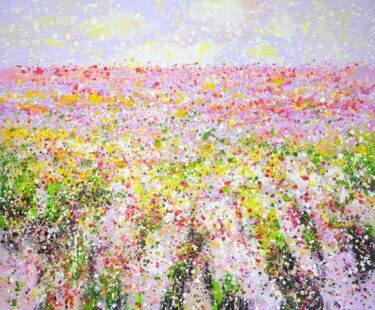 Painting titled "Pink flower field." by Iryna Kastsova, Original Artwork, Acrylic Mounted on Wood Stretcher frame