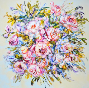 Painting titled "Roses. Delicate bou…" by Iryna Kastsova, Original Artwork, Acrylic Mounted on Wood Stretcher frame