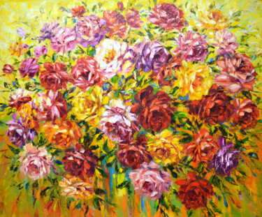 Malarstwo zatytułowany „Roses” autorstwa Iryna Kastsova, Oryginalna praca, Olej Zamontowany na Drewniana rama noszy