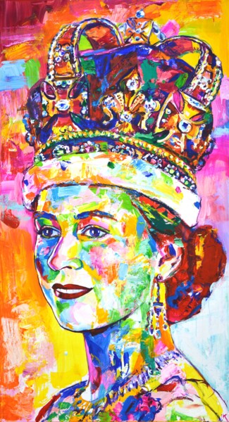 Malerei mit dem Titel "Queen Elizabeth II.…" von Iryna Kastsova, Original-Kunstwerk, Acryl Auf Keilrahmen aus Holz montiert