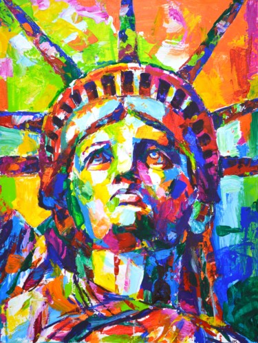 Painting titled "Statue of Liberty" by Iryna Kastsova, Original Artwork, Acrylic Mounted on Wood Stretcher frame