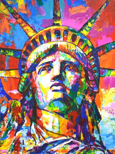 Painting titled "Statue of Liberty 2" by Iryna Kastsova, Original Artwork, Acrylic Mounted on Wood Stretcher frame