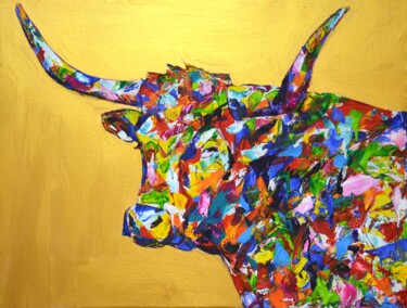Painting titled "Bull on gold." by Iryna Kastsova, Original Artwork, Acrylic Mounted on Wood Stretcher frame
