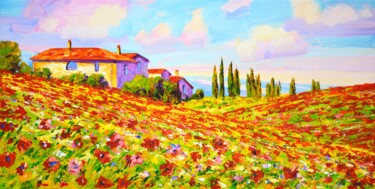 Pittura intitolato "Italy. Poppy field." da Iryna Kastsova, Opera d'arte originale, Acrilico Montato su Telaio per barella i…