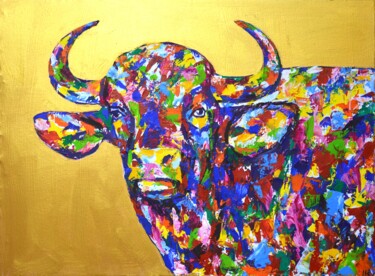 Malerei mit dem Titel "Bull on gold 2." von Iryna Kastsova, Original-Kunstwerk, Acryl Auf Keilrahmen aus Holz montiert