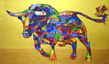 Картина под названием "Bull on gold 3." - Iryna Kastsova, Подлинное произведение искусства, Акрил Установлен на Деревянная р…